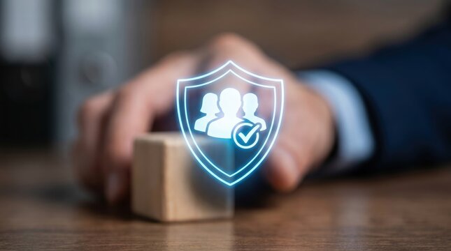 Corporate Identity and Data Privacy Concept: Executive Hand Reaching for Wooden Block with Holographic Security Shield Interface