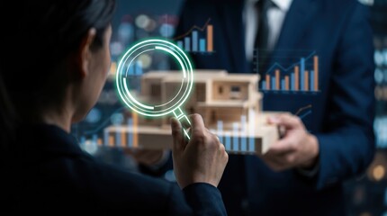 Fototapeta premium Real Estate Risk Assessment Concept: Neon Green Holographic Magnifying Glass Scanning Wooden House Model for Financial Audit