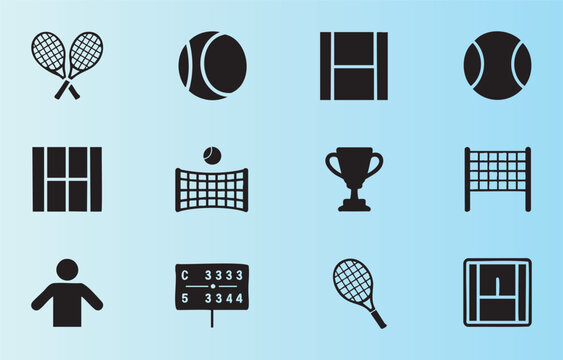 Collection of tennis icons including rackets balls courts and trophies in flat design style