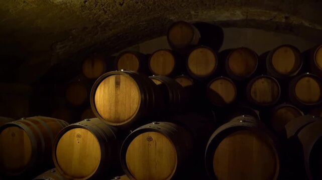 Pan left shot of oak wine barrels stacked in dark stone cellar with warm atmospheric lighting