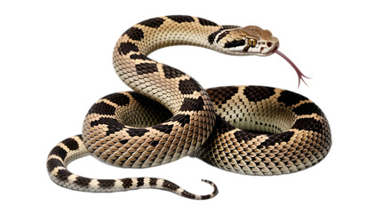 Obraz premium A high-resolution photograph of a coiled rattlesnake with its forked tongue extended, positioned aga