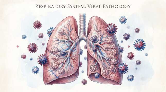 Human lungs illustration with coronavirus particles viral pathology concept