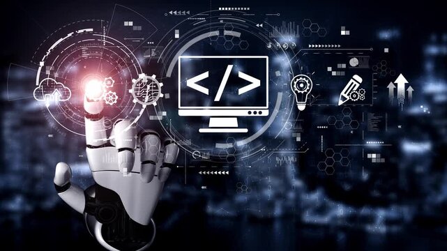 Modern web development concept featuring coding symbols, web development process, web development interface, and web development tools with futuristic design. Muxer