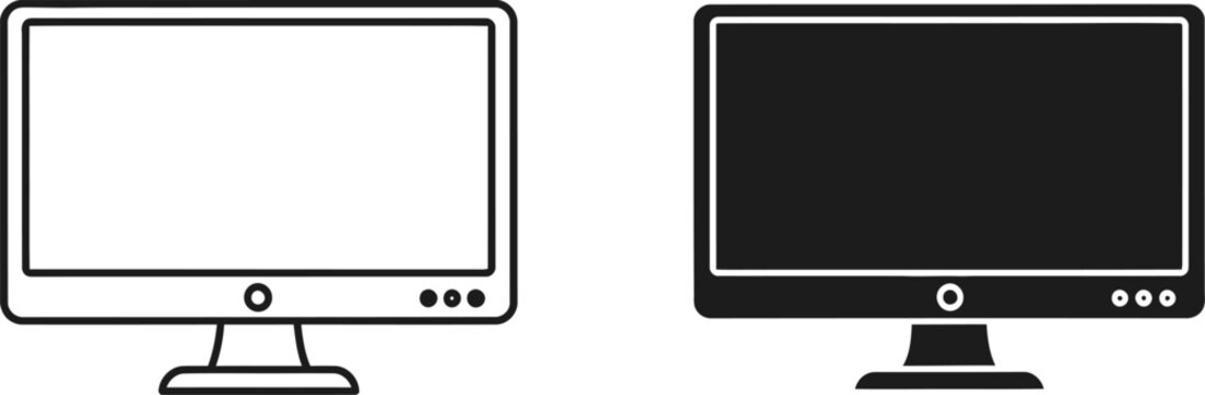 Flat screen computer monitor outline and silhouette in white and black on a plain background