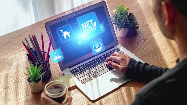 Net zero and sustainability concepts with environmental balance, digital sustainability icons, green energy goals, and eco-conscious digital business transformation for the future. Gist