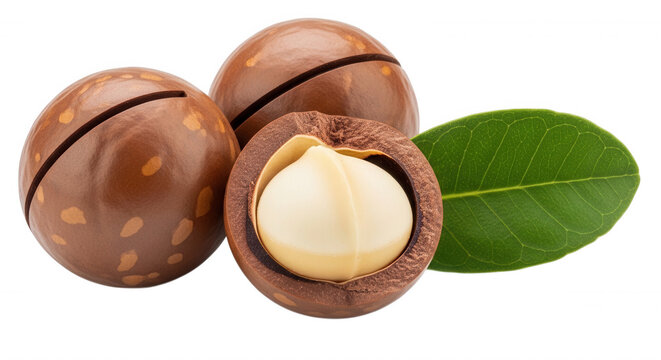Two whole macadamia nuts and one cracked open nut with a white kernel and a single green leaf isolated on a black background