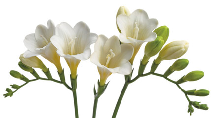 Obraz premium A detailed close-up photograph of delicate white freesia flowers with their characteristic trumpet-s
