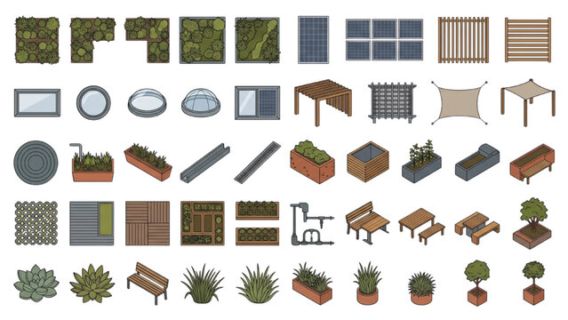 Eco Rooftop Architecture CAD Set with Sustainable Garden Planning Vector Elements
