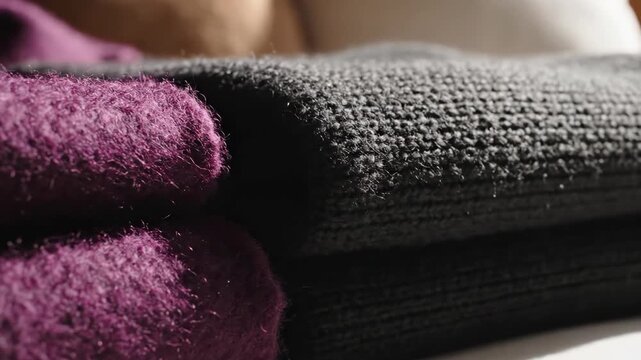 Close-up of folded purple and grey knit sweaters. Soft wool texture of winter clothing. Luxury fashion retail and seasonal sales concept