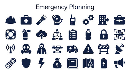 Fototapeta premium Collection of emergency planning icons representing safety preparedness and crisis management concepts with clear visual symbols for disaster response and security measures