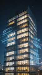 Fototapeta premium A modern office building stands tall in the city, its illuminated windows shining brightly at night, symbolizing the vibrant and dynamic world of property management and urban development.