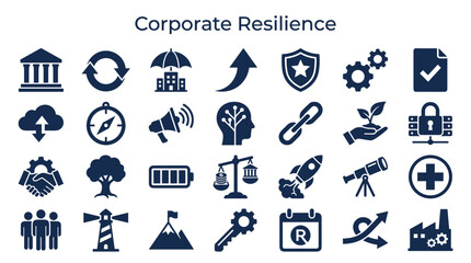 Fototapeta premium Corporate resilience concept icons set showing business strength adaptability and recovery strategies for company stability and growth