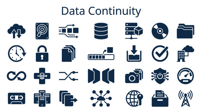 Data Continuity Icons Set representing secure storage backup cloud computing network and digital information flow concept