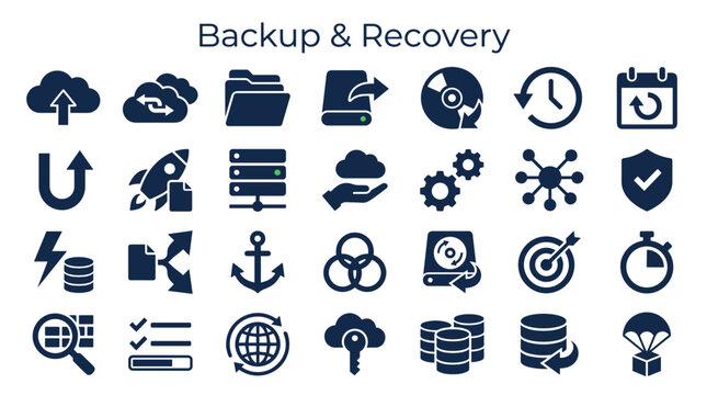 Data backup and recovery icons set for cloud storage digital security and information protection concepts