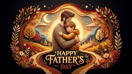 Obraz premium Warm Father and Daughter Moonlight Illustration Happy Fathers Day Fantasy Greeting Background