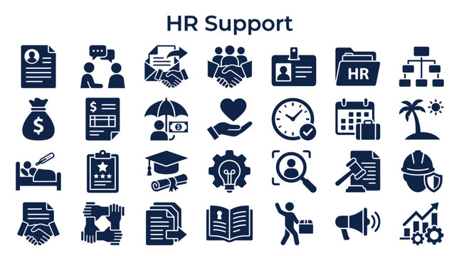 HR Support Icons and Symbols Representing Human Resources Management Services and Business Operations With Professional Icons