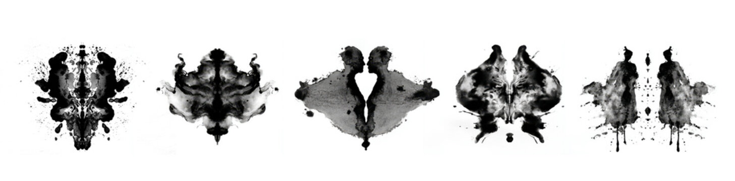 Set of black and white inkblot shapes for Rorschach psychology test