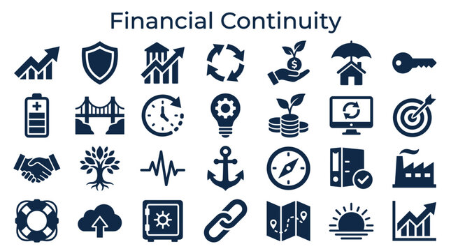 Financial continuity icons concept for business resilience and economic stability with diverse symbols representing growth security and strategy