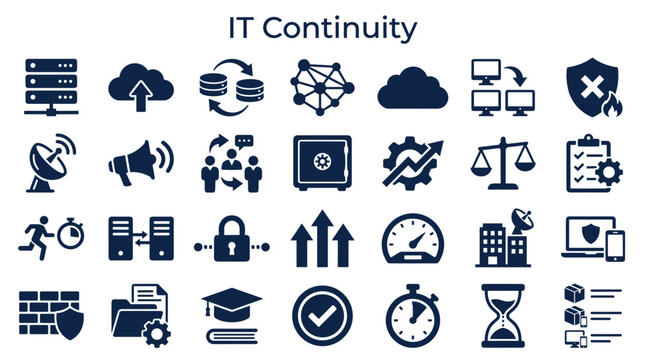 IT continuity concept with diverse icons representing data security, cloud computing, network, and disaster recovery solutions