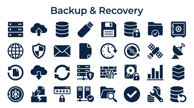 Backup and Recovery Icons Set Data Storage Security Cloud Computing Network Protection and Digital Security Solutions