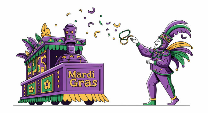 Mardi Gras parade float with costumed performer throwing beads