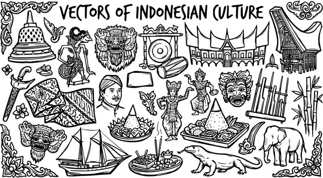 Hand-Drawn Black and White Line Art Vector Set of Indonesian Culture Icons, Traditional Symbols, Landmarks, Art, Food, and Animals.