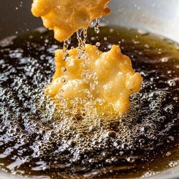 Deep frying dough fritters in hot boiling oil.