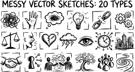 Obraz premium Messy Hand-drawn Vector Sketch Icons Set of 20 Diverse Concepts. Black and White Doodle Symbols for Business, Abstract Ideas, Communication, Problem Solving, Growth.