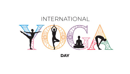 Fototapeta premium International yoga day colorful illustration with yoga poses in letters