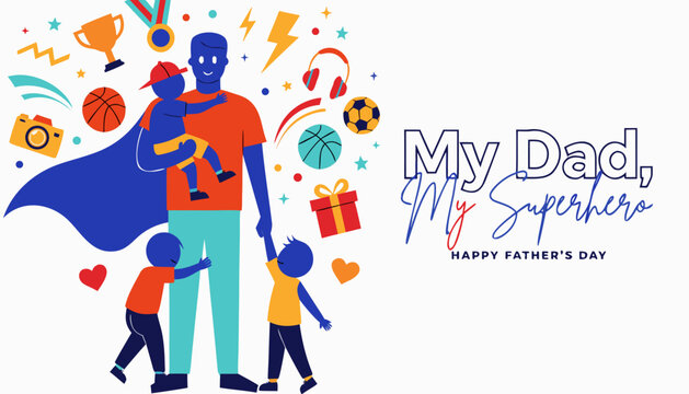 Vector illustration of a father and his two children with a superhero theme for fathers day