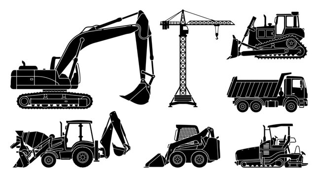 Collection of heavy construction machinery silhouettes.