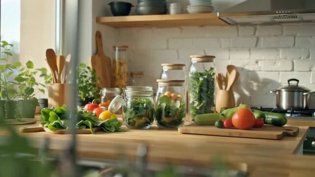 Clean kitchen counter with glass jars filled with fresh green vegetables and healthy food meal prep ingredients on wooden shelf background