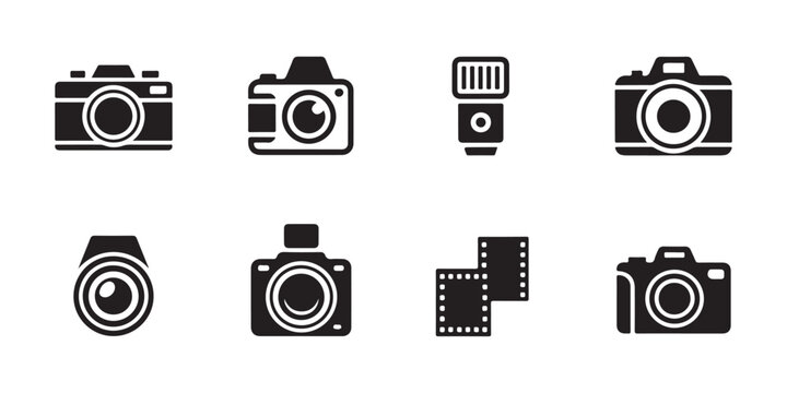 Collection of black camera icons showing professional gear lenses and negative film strip designs.