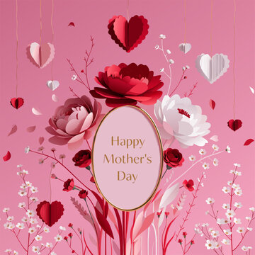 Mother's day card of greeting with lovely flowers and heart shapes.