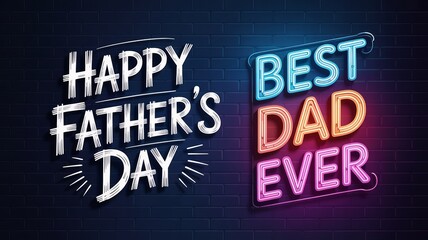 Fototapeta premium A colorful neon sign on a brick wall celebrating Father's Day with a happy message