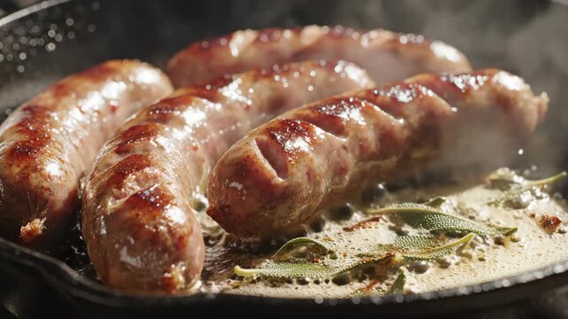 Close-up of sausages sizzling in a hot pan. Pork or lamb links frying in butter with fresh sage. Appetizing meat preparation for a savory meal