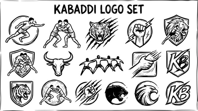 Kabaddi Logo Set: Black and White Line Art Sketch Vector Collection. Sports Emblems with Players, Animal Mascots (Tiger, Lion, Bull), and Strength Symbols for Teams.