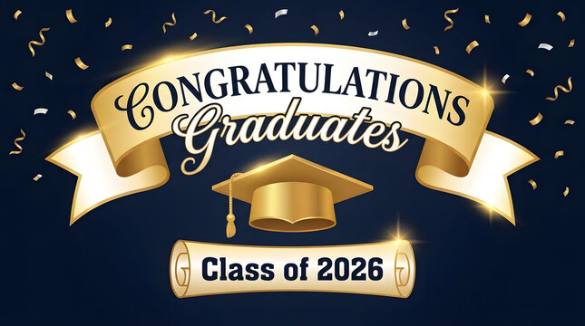Congratulations graduates sign with gold confetti and cap