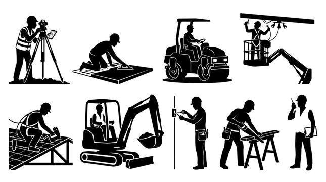 construction workers and heavy machinery icons.