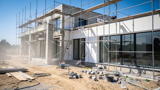 A modern building under construction with scaffolding and materials scattered around the site, showcasing the progress of a property management project.