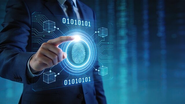 Businessman touching fingerprint scanner on holographic display, cybersecurity concept, biometric authentication, data protection, digital identity verification, secure access