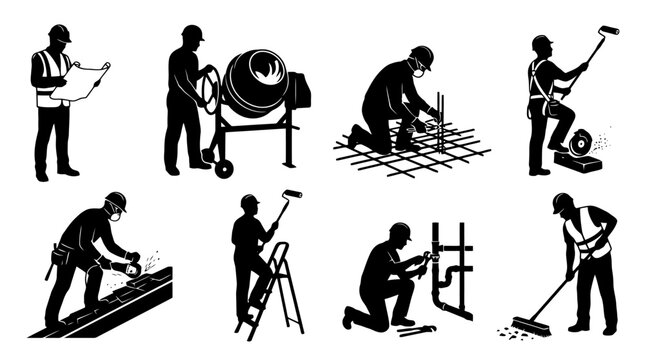 Construction workers in various tasks.