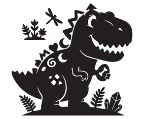 Fototapeta premium Cute Dinosaur Silhouette with Bone and Plants