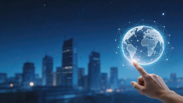 Hand touching digital globe network, global connectivity and communication concept, world map with data points, international business and technology, internet of things and cloud