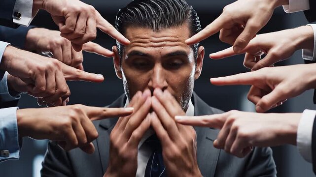 Stressed man, under pressure cover face feels discomfort as a lot of hands pointing forefingers to him blaming as guilty. Human depression, social anxiety, victim of mental distress