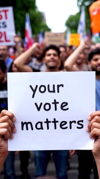 Hands hold a paper sheet with the message your vote matters over a crowded street background. People legal and democratic rights, every voice counts. Election campaign and electoral agitation concept