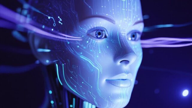 A humanoid robot with a serene female face is covered in glowing blue circuit patterns. Streams of light zip past its head, symbolizing high-speed data processing, advanced artificial intelligence