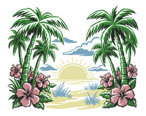 Beach club. Endless summer artwork. Tropical vintage design for t shirt print. Sunset beach paradise. Hibiscus flower and palm tree. © rahel lila