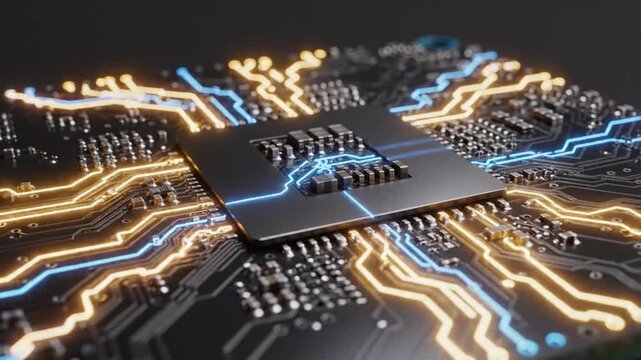 Close-up view of a microchip with glowing circuits on a modern electronic board