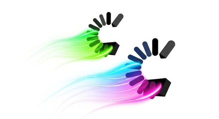Obraz premium Abstract Digital Hands with Colorful Light Trails on White Background.